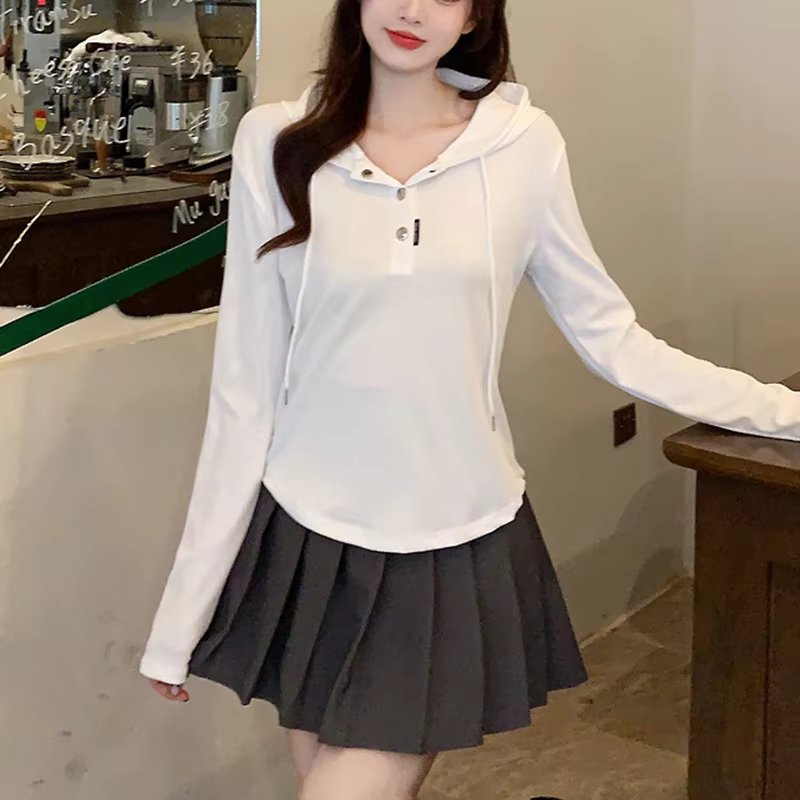 Autumn and winter women's semi open button hoodies puller slim fit short liner T-shirt TS2968
