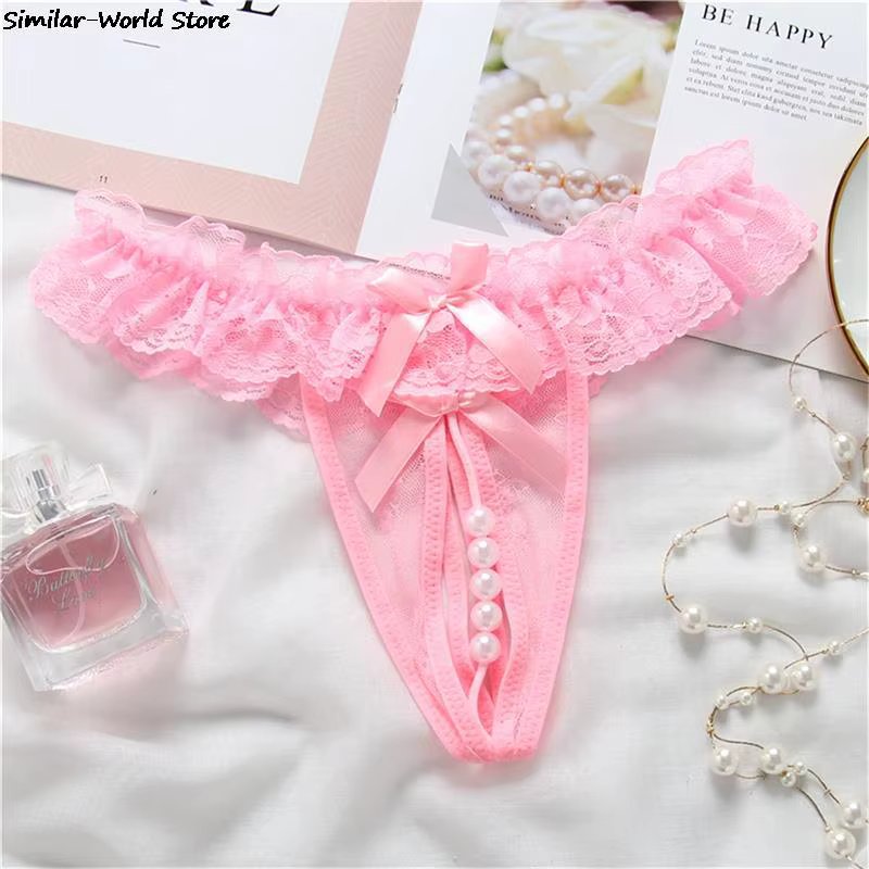 Women Sexy Panties Girl Gauze Bowknot Beads Lace Lingerie Underwear Low Waist Pearls Underpants Female Thongs Briefs Temptation