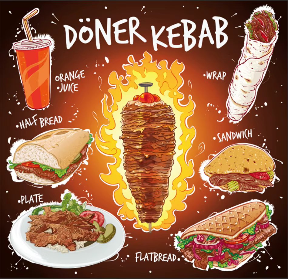 Custom Hand Drawn Doner Kebab Flat Bread Sandwich Plate with Orange Juice Mural Wallpaper Fast Food Restaurant Wall Paper 3D