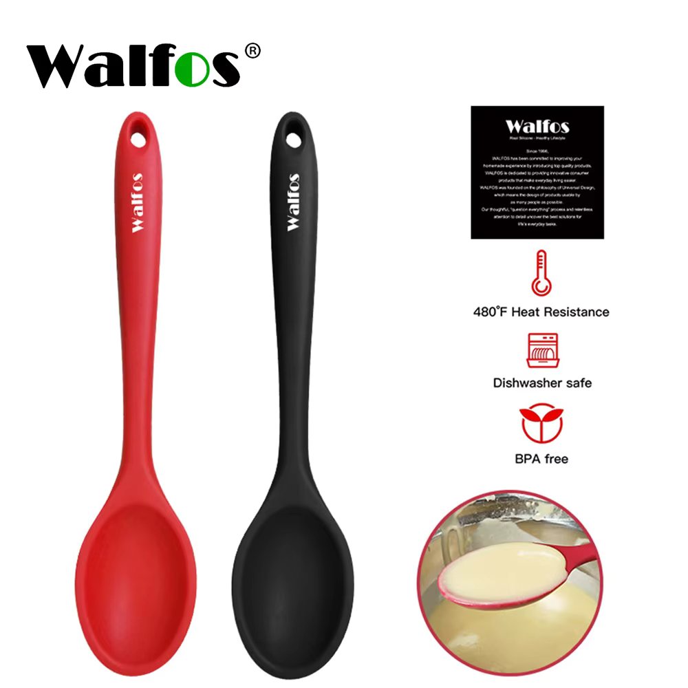 WALFOS Large Food Grade Silicone Long-Handle Soup Spoon Solid Color Baking Kitchen Silicone Spoon Flatware Utensils Accessories