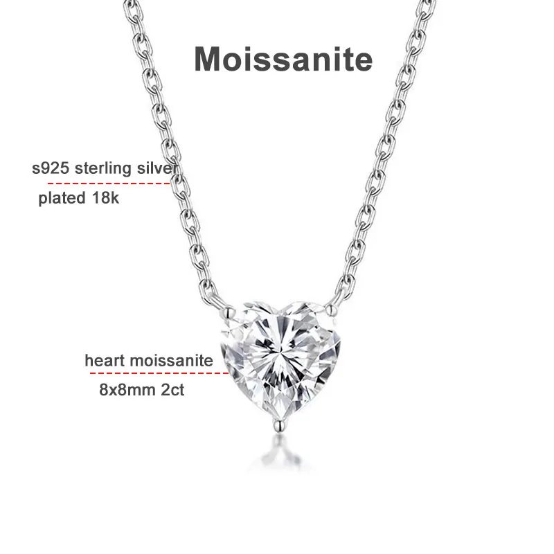 KNOBSPIN 8*8mm 2ct Heart Moissanite Pandent Necklaces for Women Diamond with Certificate 18k Plated 925 Sterling Silver Necklace