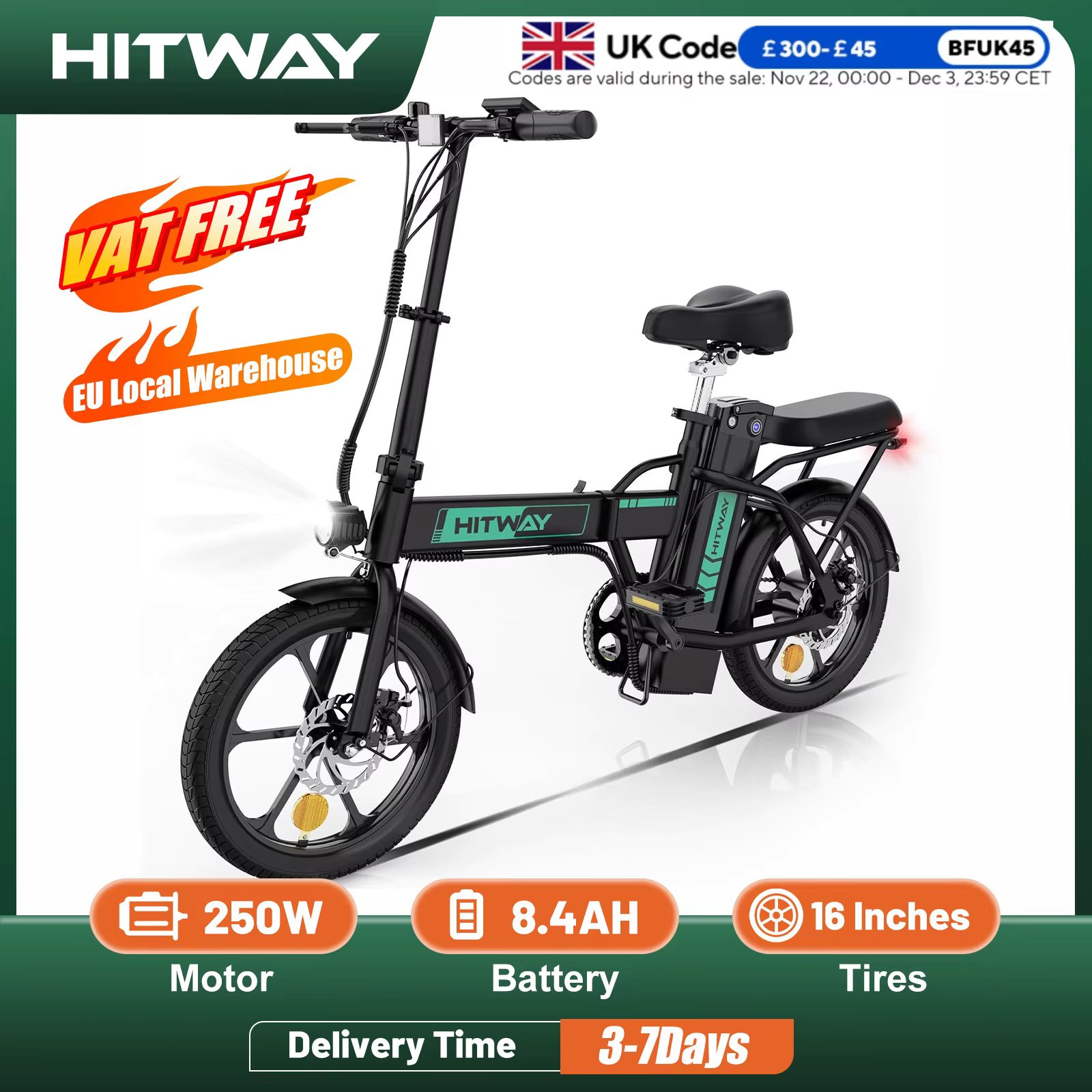 HITWAY BK5 16" Electric Bike E-Bike Foldable City Bikes 8.4h Battery, 35-70 Km250 W/36V/8.4Ah Battery Electric Bicycle