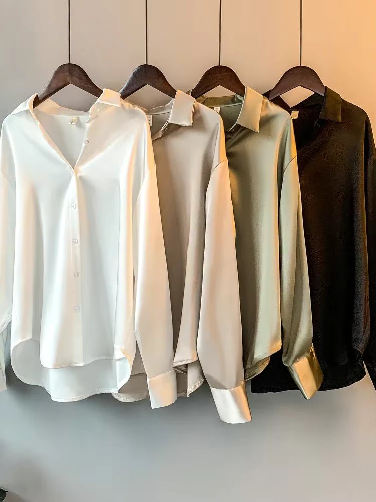 Office Lady Long Sleeve Blouse Women 2024 Fashion Overshirt Satin Femal Clothing Elegant Korean Style Luxury Designer Blouse