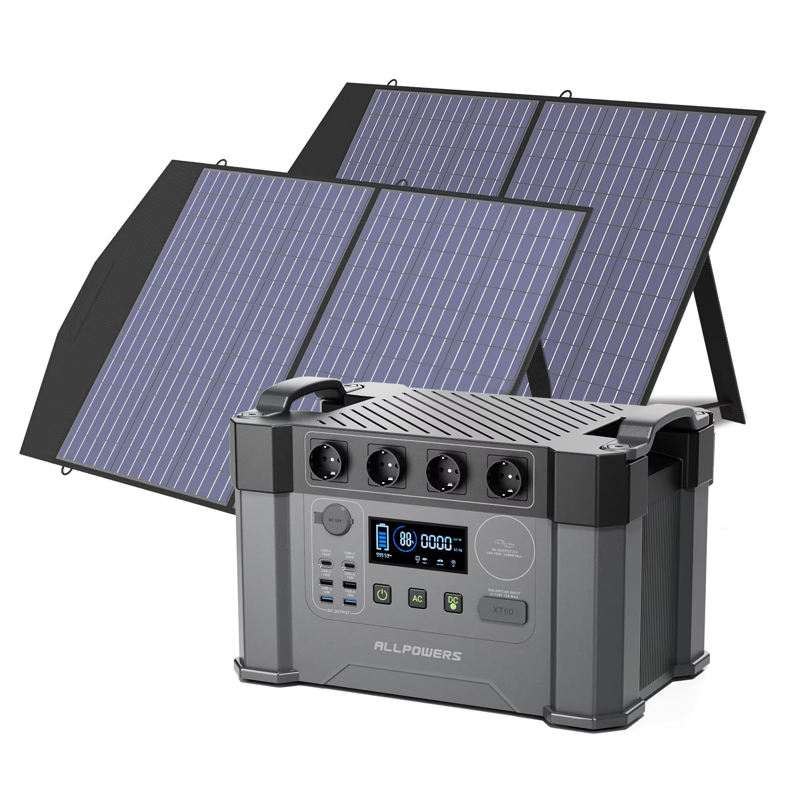 ALLPOWERS Solar Generator 2000W Battery Charger,110V/230V Pure Sine Wave AC Outlet With 2×100W Portable Solar Panel For Outdoors