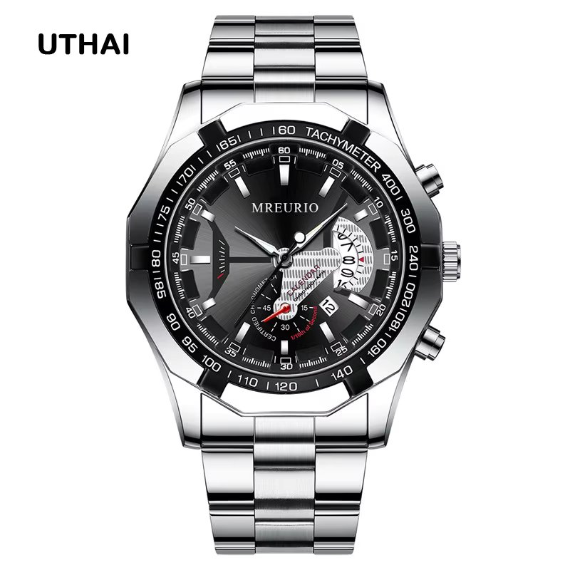 UTHAI H136 New Men's Quartz Watch Fashion Business Glow Calendar Three Beads Stainless Steel Alloy Watch Band