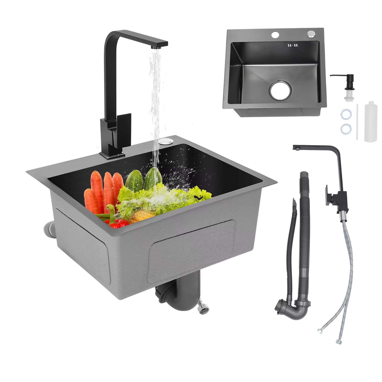 Single Bowl Stainless Steel Sink Set with Faucet, Drainbasket, Soap Dispenser, 45x40cm / 17.72x15.75in, Black Grey
