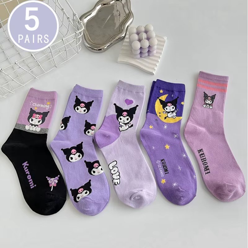 1/5 Pair of Fashionable and High Aesthetic Dreamy Party Sanrio Cute Cartoon Kawaii Purple Kuromi Women's Exquisite Stockings