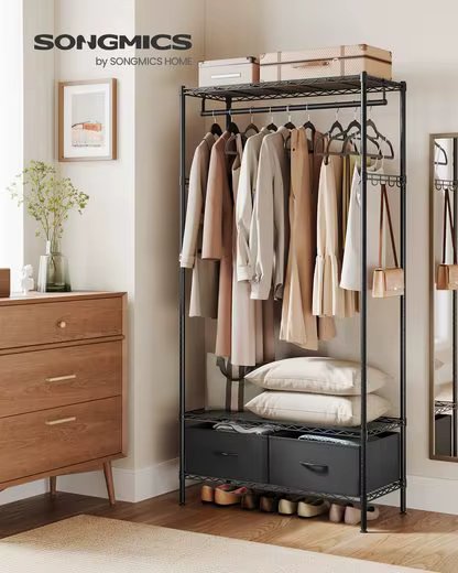 SONGMICS dresses stand open dresses cabinet, (coat rack stand with 2 drawers with dresses bar), with grid shelves