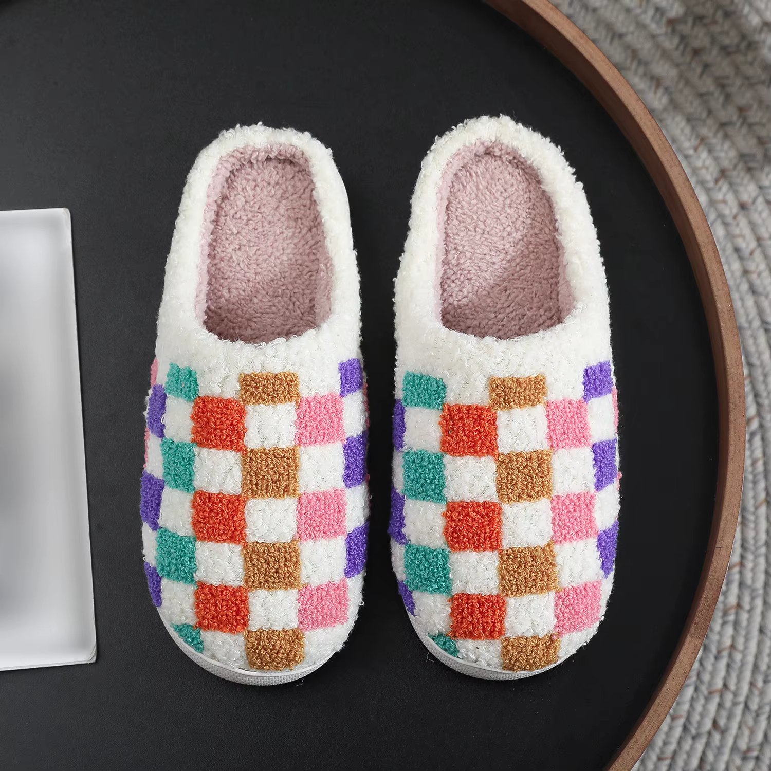Autumn and winter thick-soled home indoor wear cotton slippers colorfulful plaid pattern plush soft-soled slippers home non-slip plush shoes