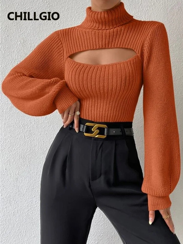 CHILLGIO Women Knitted Turtleneck Fashion Long Sleeves Solid Slim Tight Knit Tops Casual Autumn Elastic Cut Out Korean Sweater