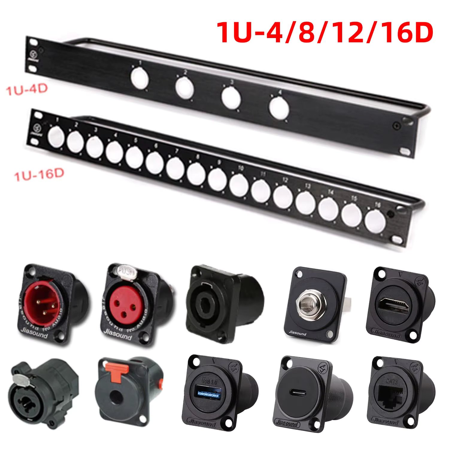 DIY 1U Rack Patch Panel 4 8 12 16 Way 1U 2U 24Way XLR USB Fiber Type C SDI 6.35 Combo ST-8mp Cat6