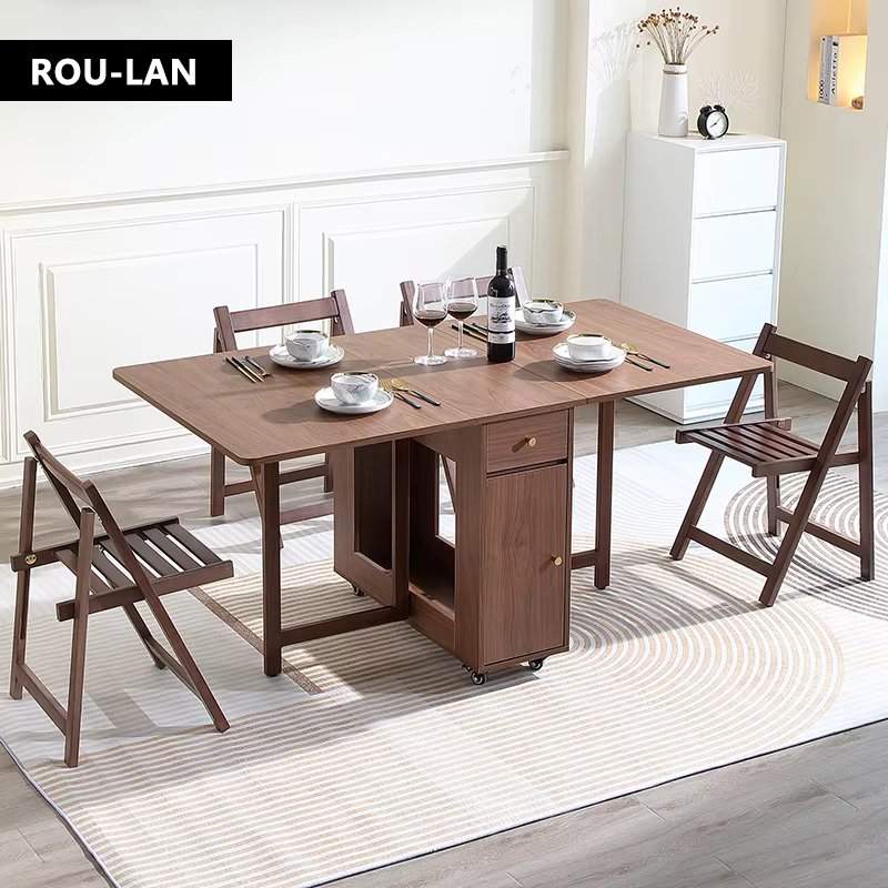 Folding Dining Table with 2 Drawers and 4 Wheels for Living Room,Kitchen, Farmhouse, Space Saving Table