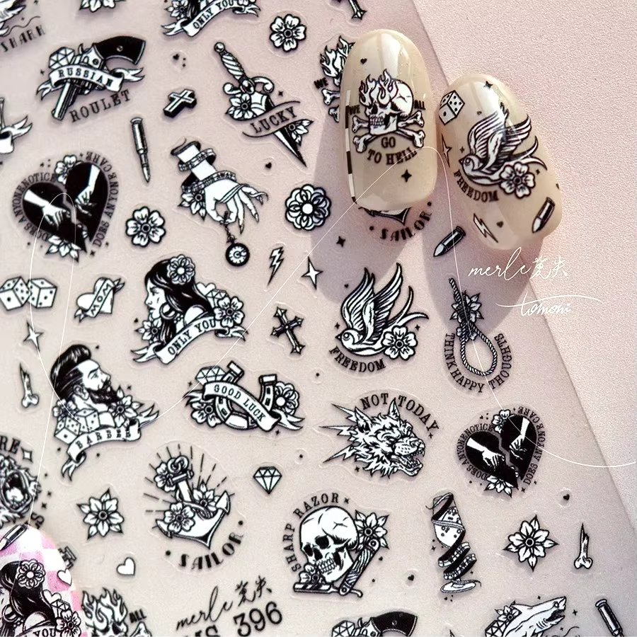 Retro Black Line Skull Man Woman 5D Embossed Relief Self Adhesive Nail Art Sticker Bear Bunny Hand Bird Horror 3D Manicure Decal