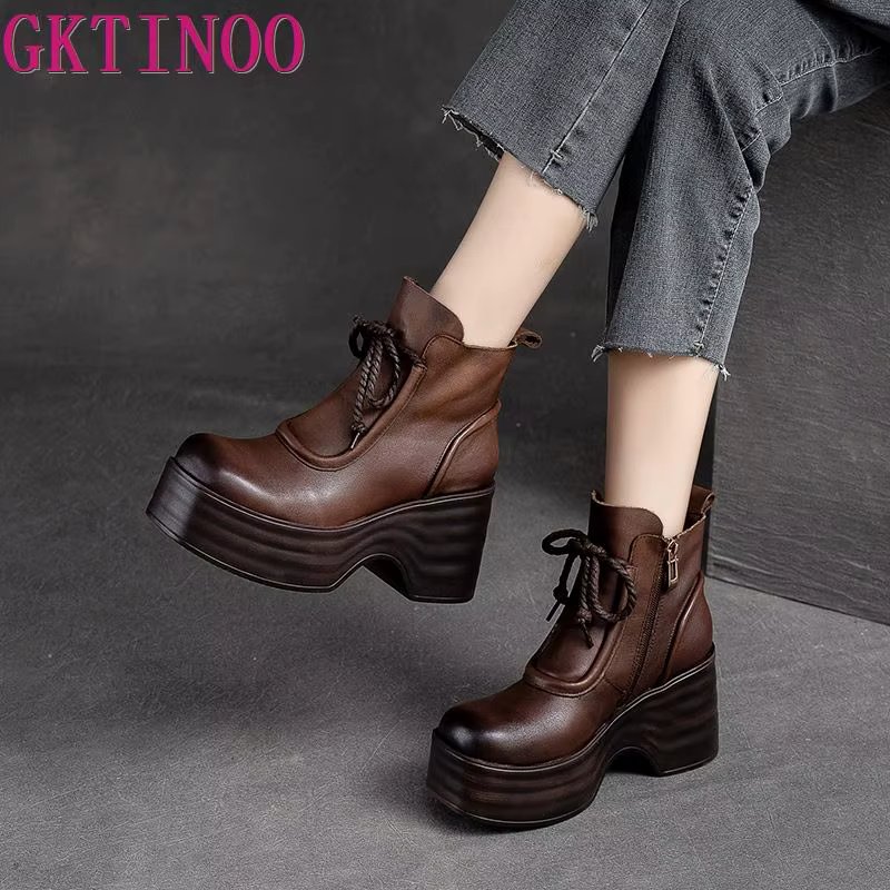 GKTINOO 7cm Woman Cow Genuine Leather Autumn Ankle Boots Spring Booties Ethnic Rero Moccasins Platform Wedge Chunky Heels Shoes