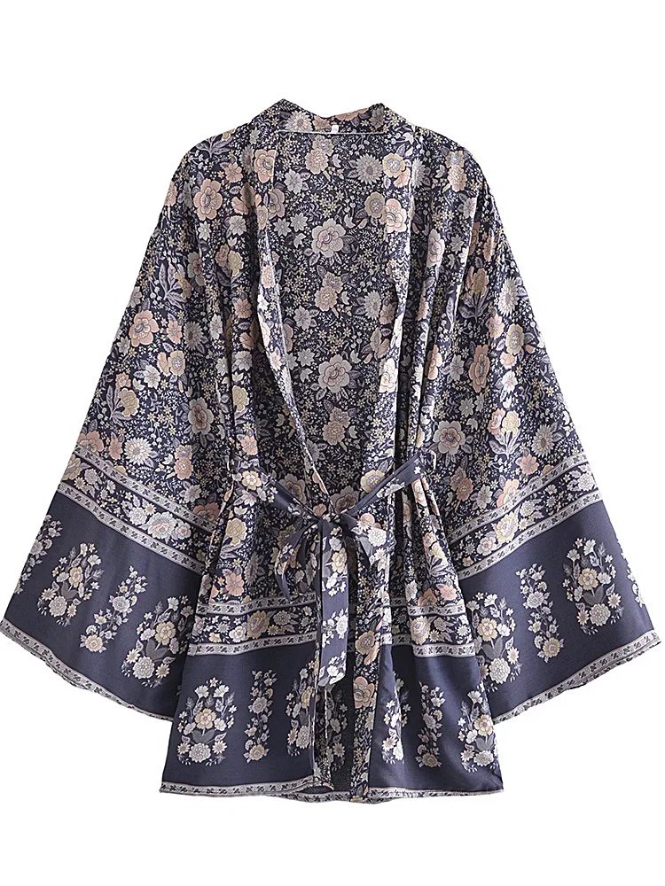 Multi Floral Print Sashes Kimono Women V Neck Batwing Sleeves Happie Bohemian Short Robe  Beach Boho Bikini Cover-ups