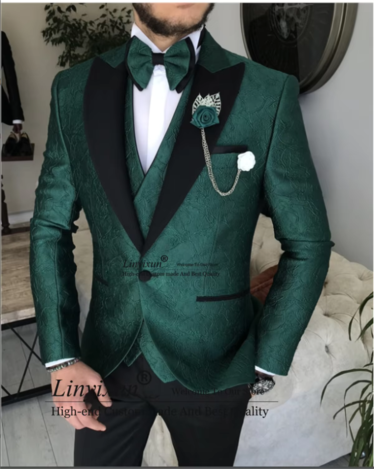 Dark Green Jacquard Wedding Suits For Men Groom Tuxedos 3 Pieces  Customized Prom Party Blazers Groomsmen Costume Homme