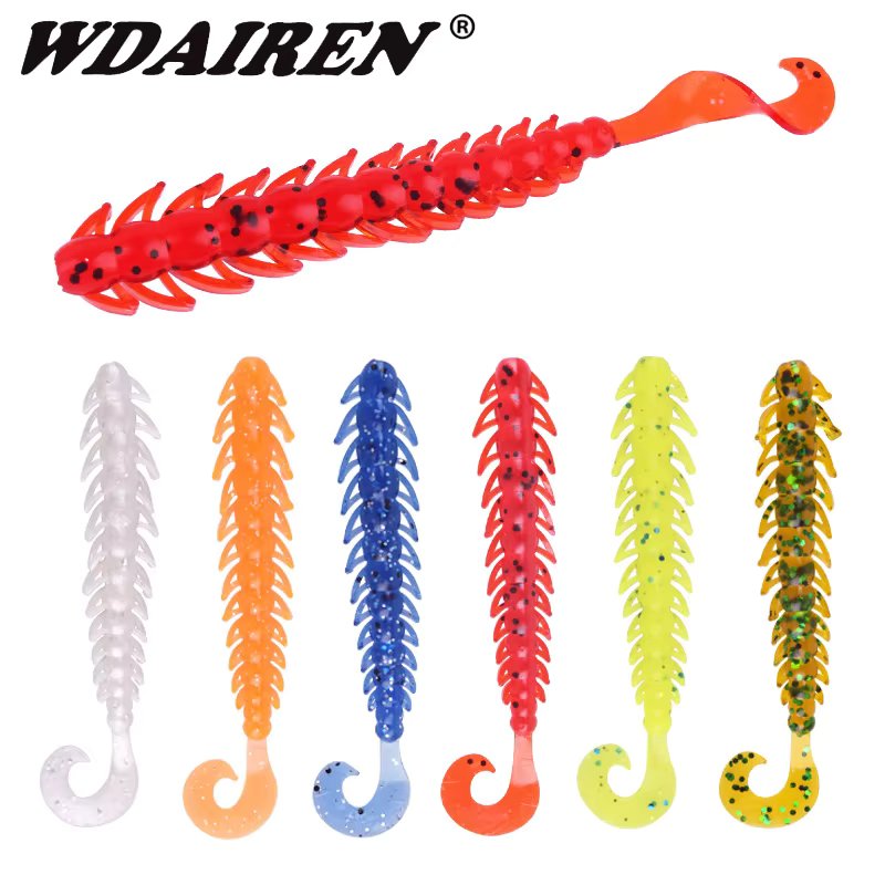 10Pcs Millipede Larva Tail Soft Lures 50mm 65mm Artificial Plastic Baits Fishing Worm Silicone Bass Pike Minnow Swimbait Jigging