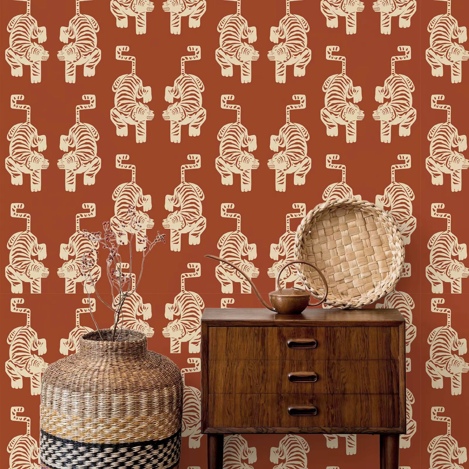 Tiger wallpaper, Aztec tiger peel and stick wallpaper, Vintage Orange Removable Wallpaper, Retro Self adhesive Wallpaper