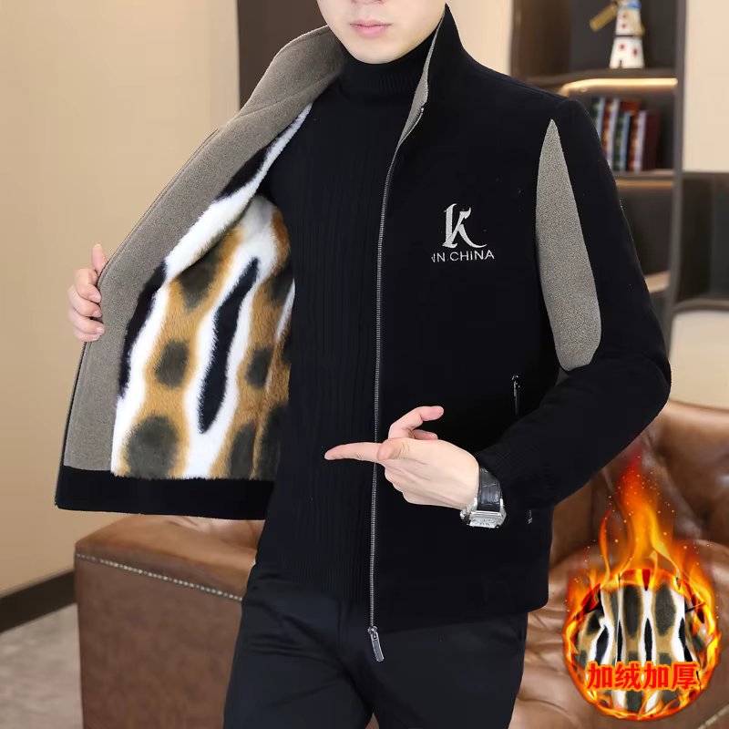 Korean Stand Collar Spliced Woolen Jacket Men Thickened Velvet Short Trench Coat Casual Business Social Windbreaker Overcoat
