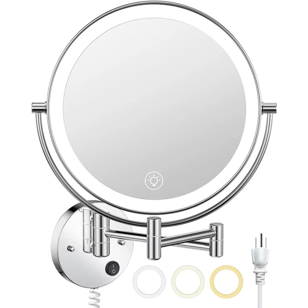Benbilry 9" Lighted Wall Mounted Makeup Mirror with Magnification 10X, 3 Color Lights & Adjustable Brightness, 360° Swivel Large