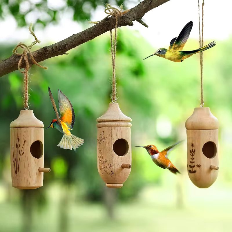 Wooden Hummingbird House Nature Ventilatio Humming Bird House Swing Parrot Swing Toy Hanging Ornament for Outside Garden Decor
