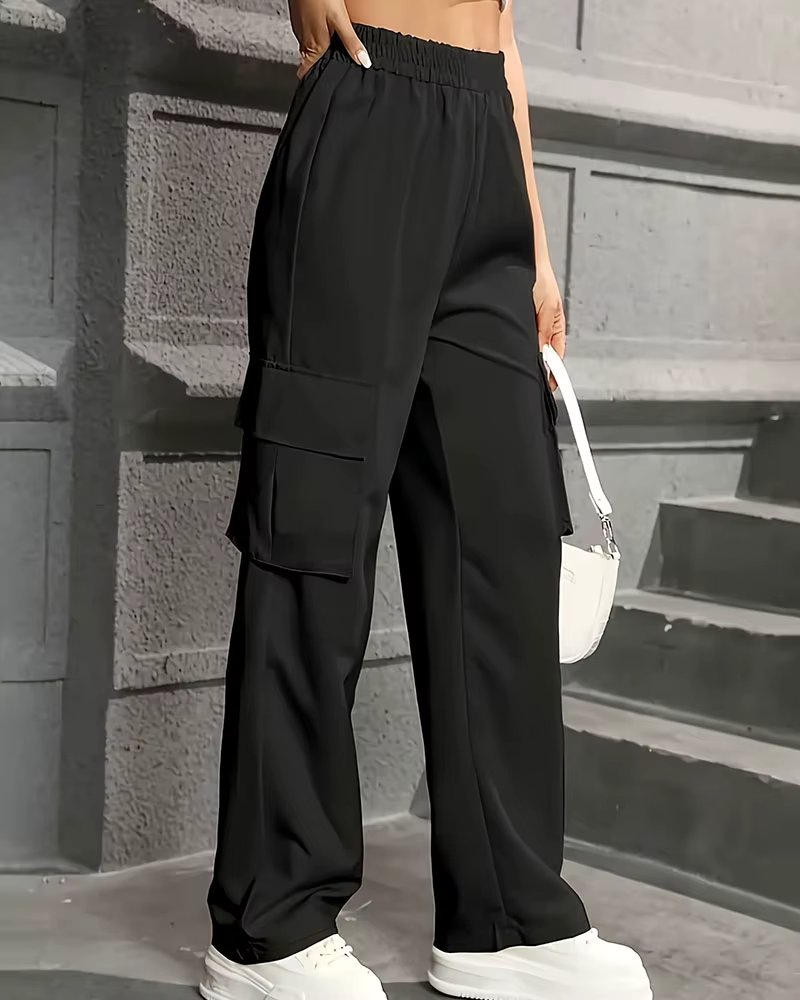 Elastic Waist Fashionable Workwear Pants High Waist Wide Leg Pants Loose Solid Color Casual Sports Pants WOMEN'S Sportswear