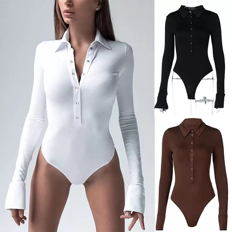 Women Casual Basic Button Bodysuit Long Sleeve Women Body Autumn Solid Color Sexy Button Skinny Women Rompers Bodycon Jumpsuit
