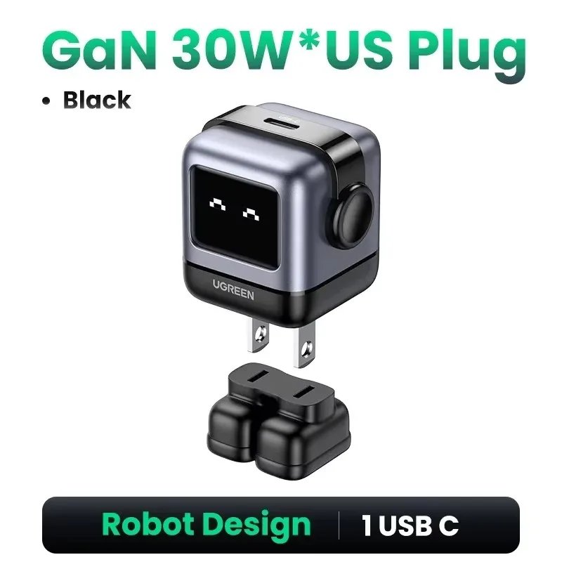 【US Plug】UGREEN Uno 100W GaN Charger Robot Design QC4.0 3.0 PPS for iPhone 16 15 14 Pro Macbook Laptops Tablet PD3.0 Fast Charge