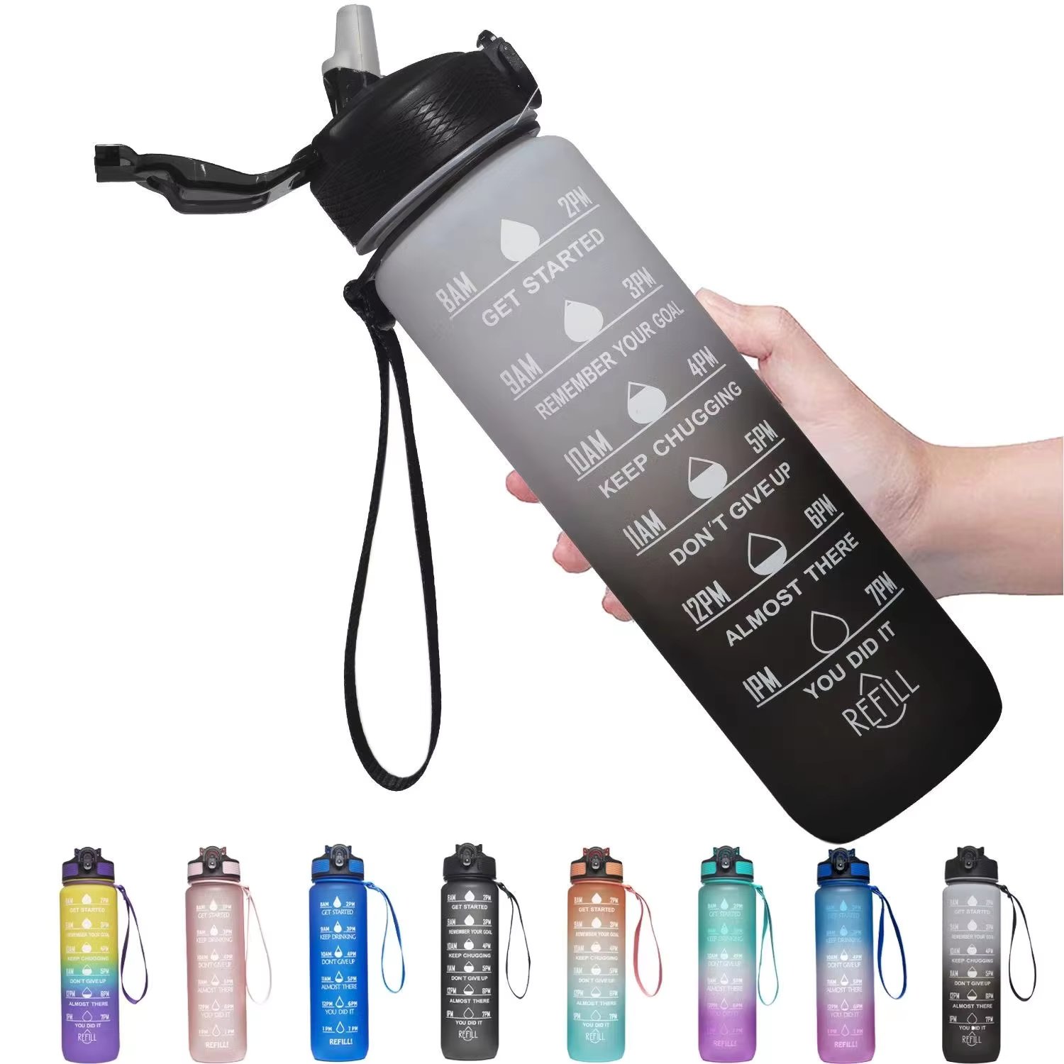 Water Bottle 1L with Straw, Motivational Water Bottle with Time Marker & Buckle Strap,Leak-Proof Tritan BPA-Free, Ensure You