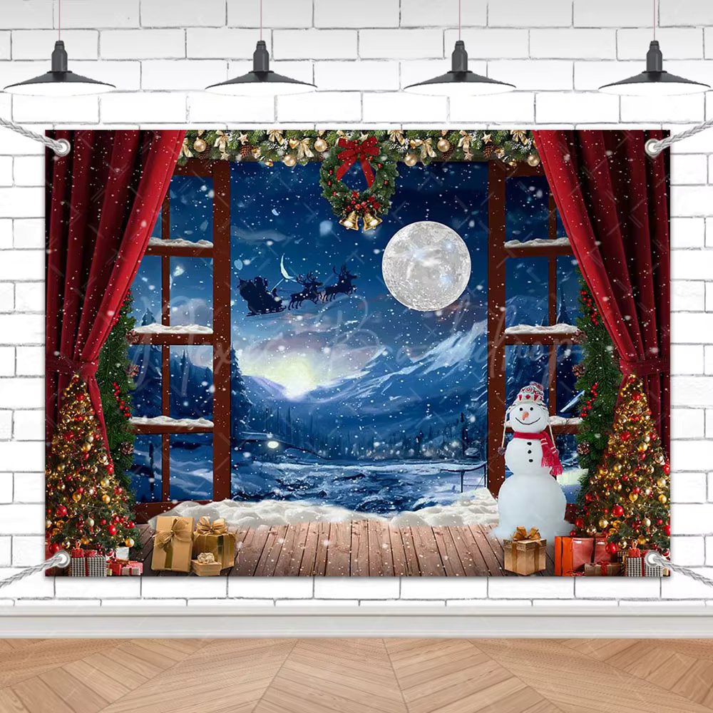 7X5FT Red Curtains Snow Mountain Holy Garland Backdrop String Lights Santa Claus Christmas New Year Banner Photo Background