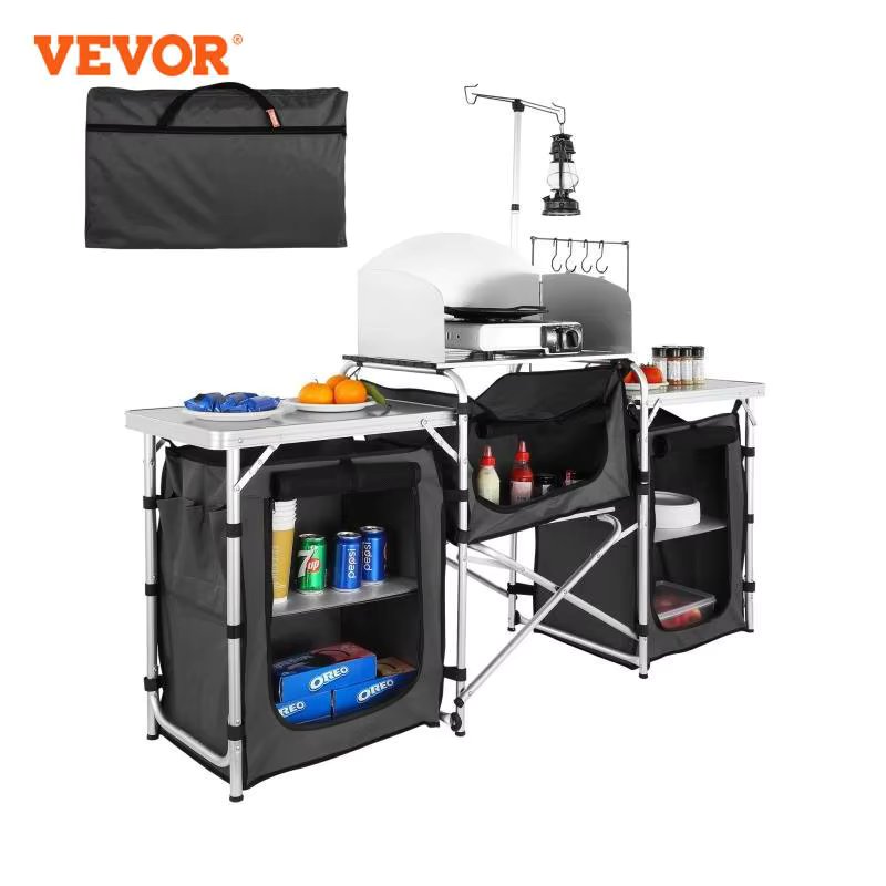 VEVOR Camping Outdoor Kitchen Table Cabinet Foldable Folding Cooking Storage Rack X-Shaped Aluminum Alloy Bracket for BBQ Picnic