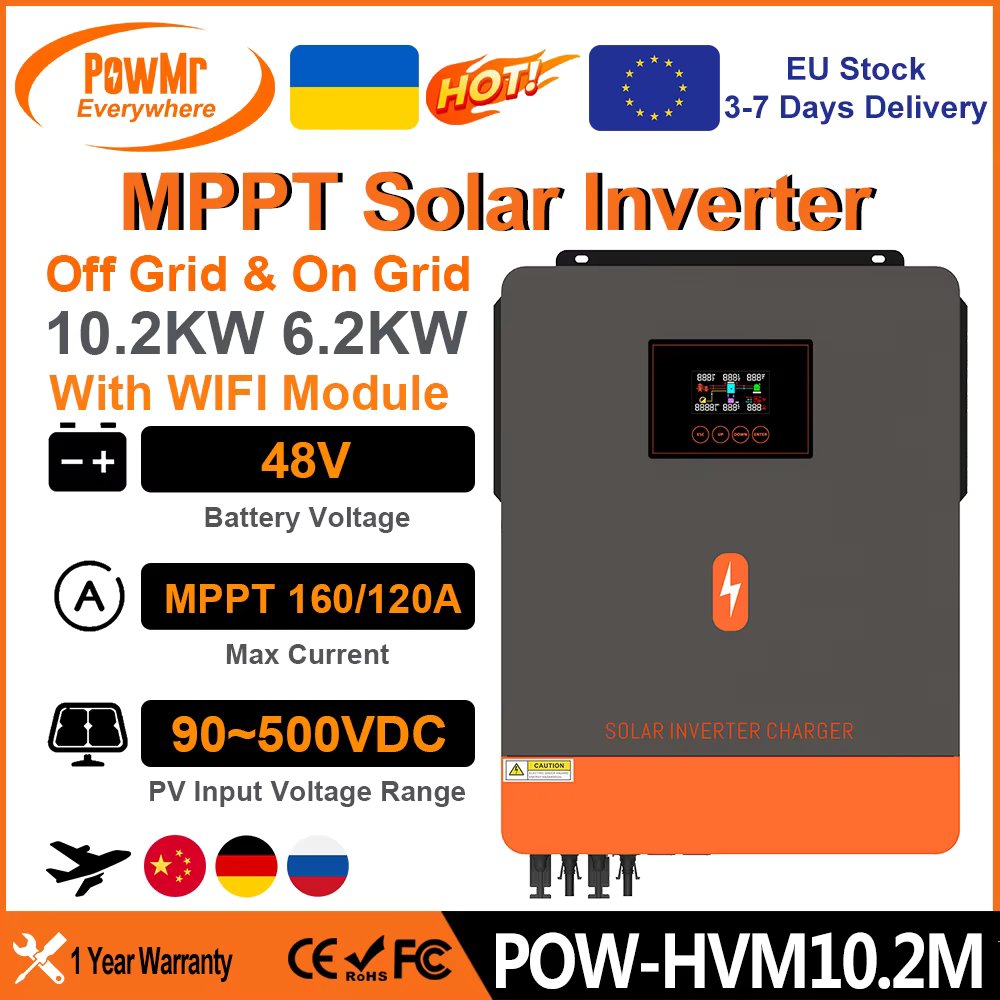 PowMr 10.2KW 6.2KW Hybrid Solar Inverter With Grid Tie&on Grid Function MPPT 160A 120A Solar Charger Controller Max PV 500Vdc
