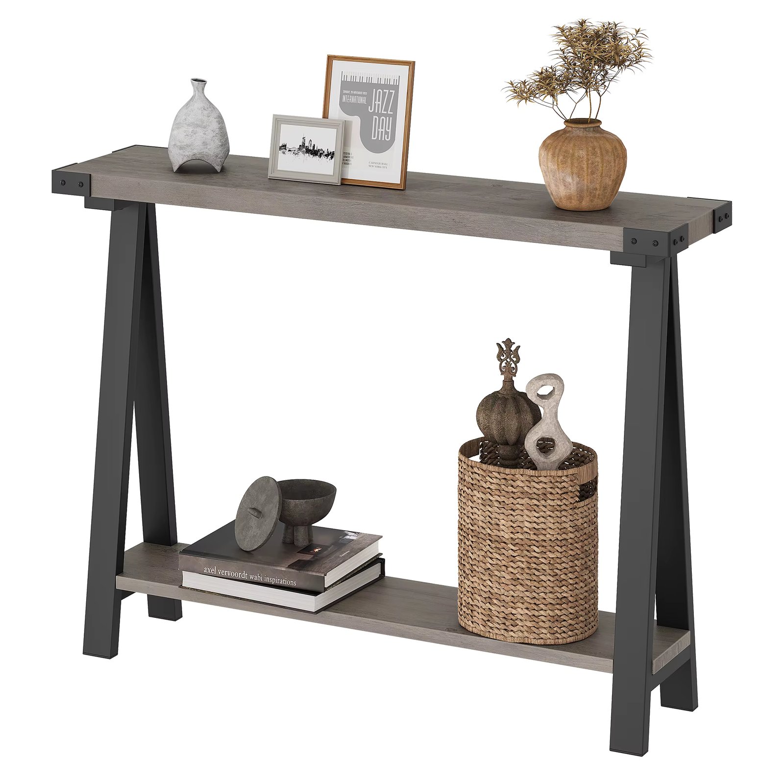 Narrow Entryway Table, 43.3" Console Table with Storage, 2 Tier Sofa Table with Metal Frame and MDF, Narrow Console Table