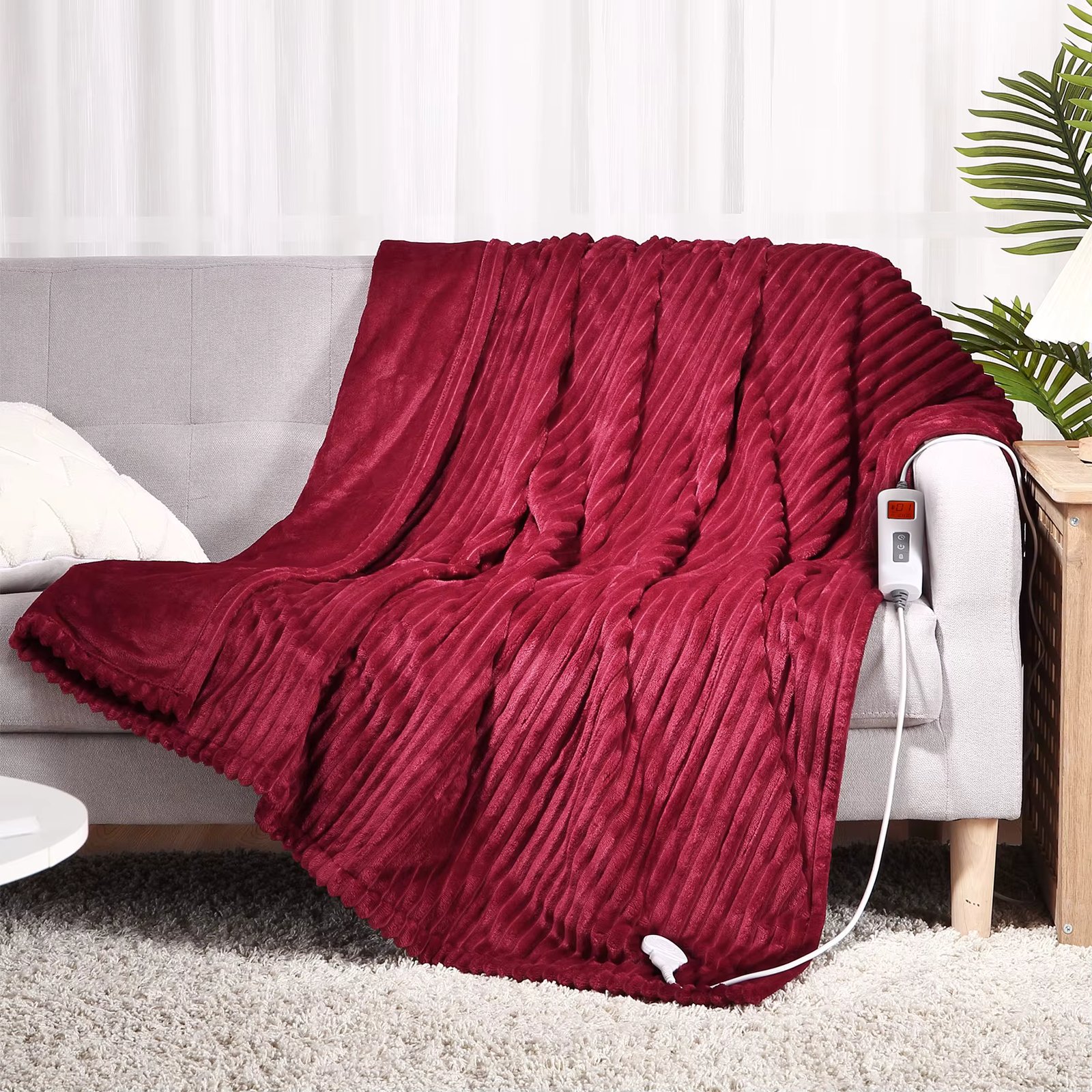 Electric Blanket King Size Dual Control,Soft Ribbed Flannel Heated Blanket with 6 Heating Levels & 20 Time Settings,Fast Heating