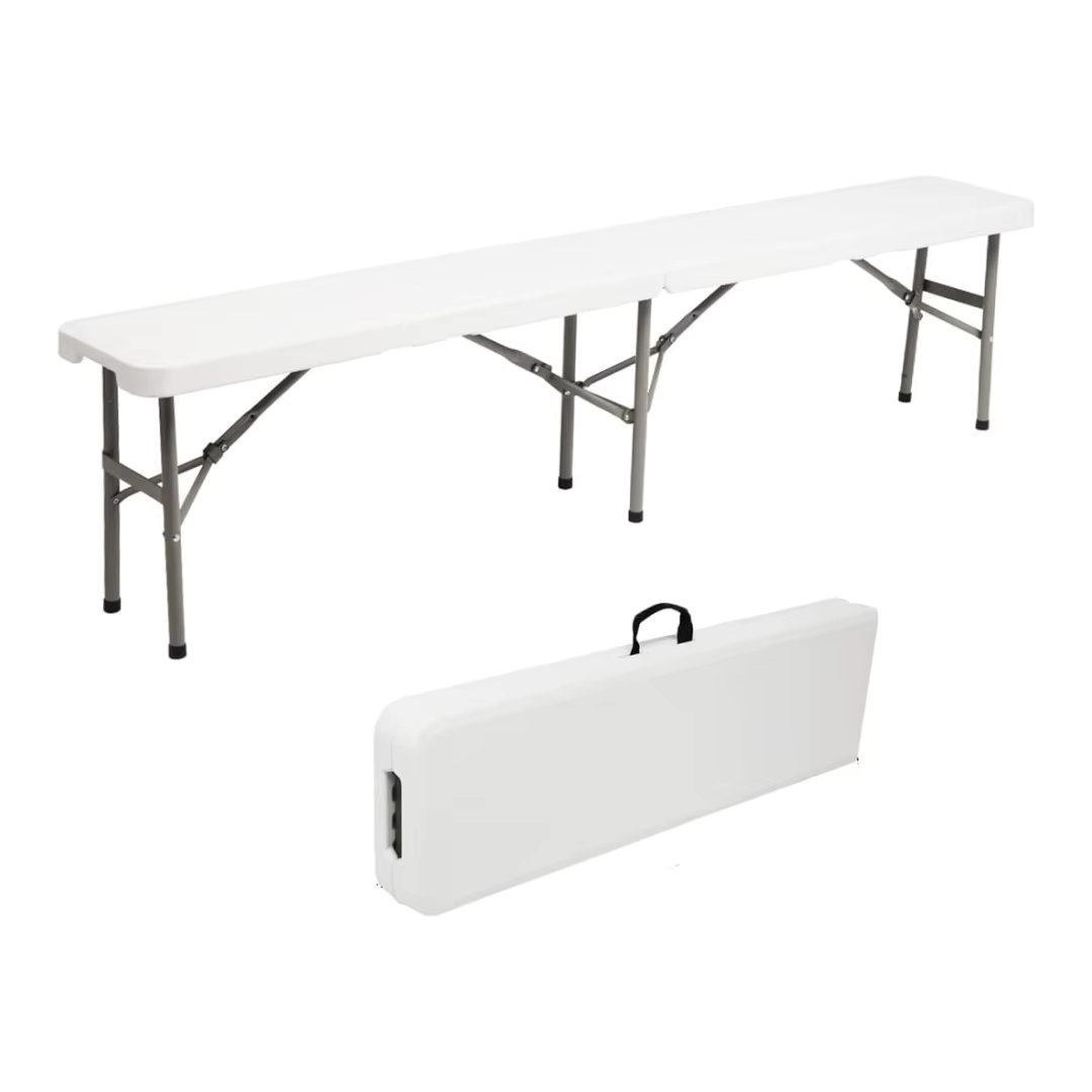Starley Steel Plastic Folding Bench with Carrying Handle, Portable Seat for picnic Outdoor, camping, Party, White, 180x29 x H 44 cm