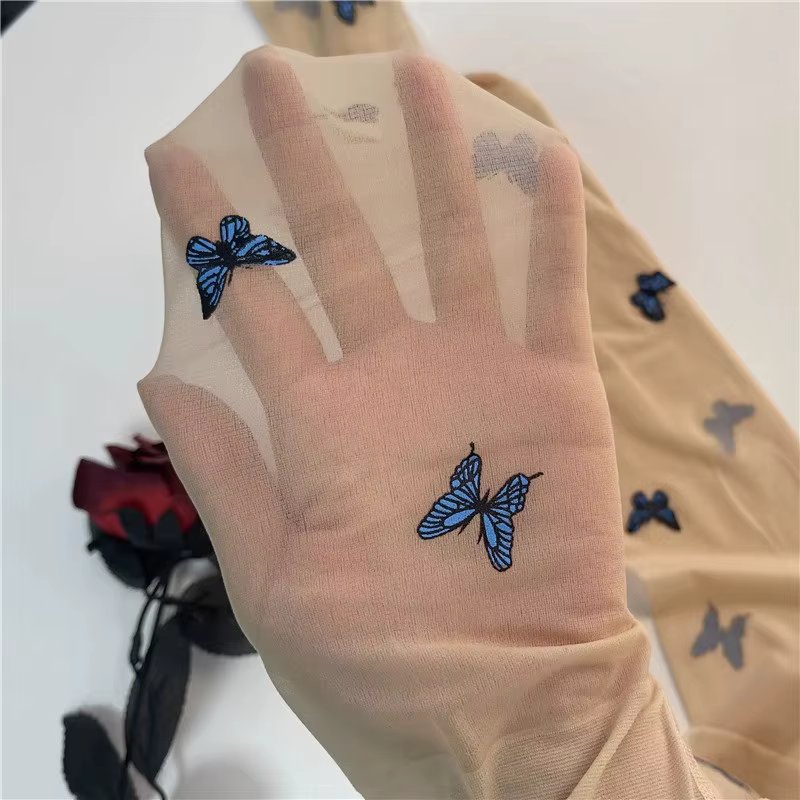 Y2K Blue Butterfly Pantyhose Silk Stocking for Women Tights Lolita Hollowed Out Mesh Stockings Bottomed Lace Leggings Long Socks