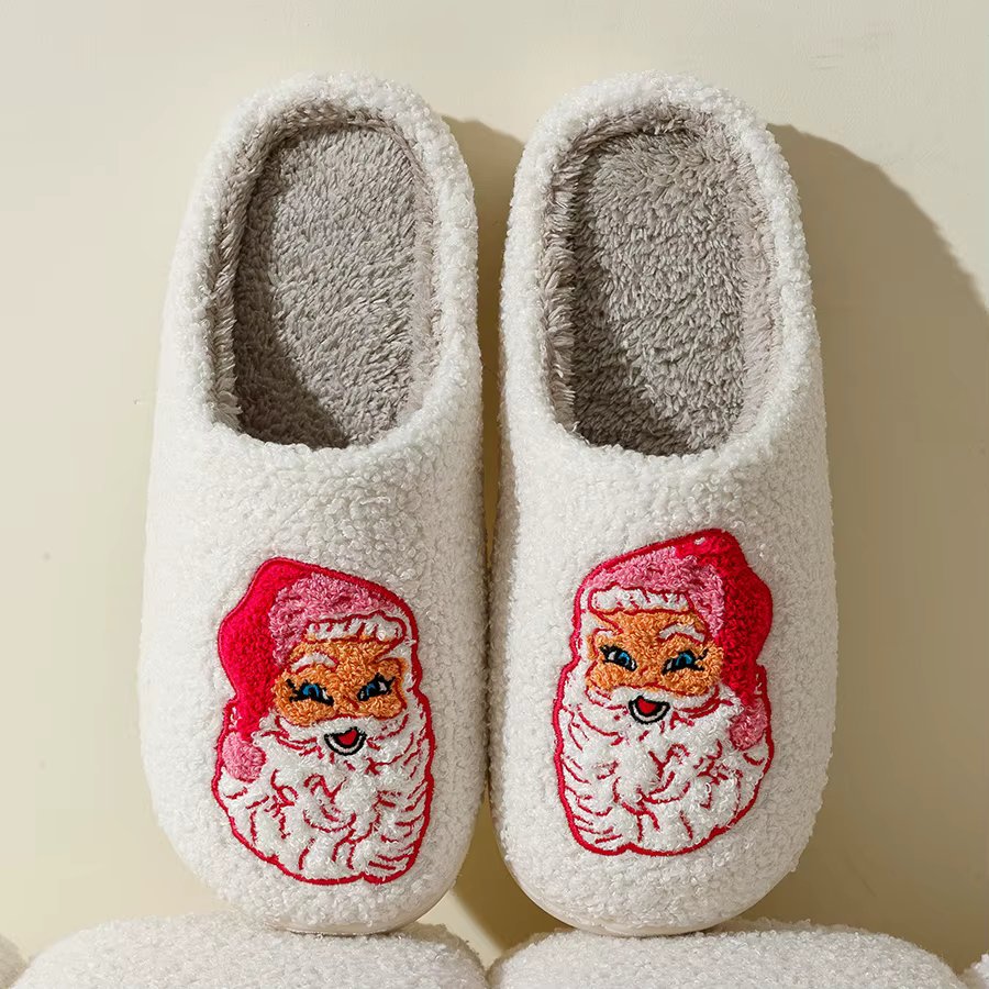 Cute Cartoon Pink Santa Claus Women's Slippers Indoor Warm Soft Comfy Winter Bedroom Non-slip Cotton Shoes Christmas Gift