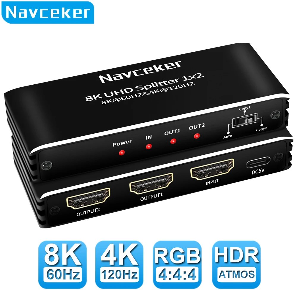 Navceker 8K 60Hz HDMI Splitter 4K 120Hz 1x2 HDMI 2.1 Audio Splitter 1 in 2 out Simultaniously HDMI Audio Extractor For PS5 Xbox