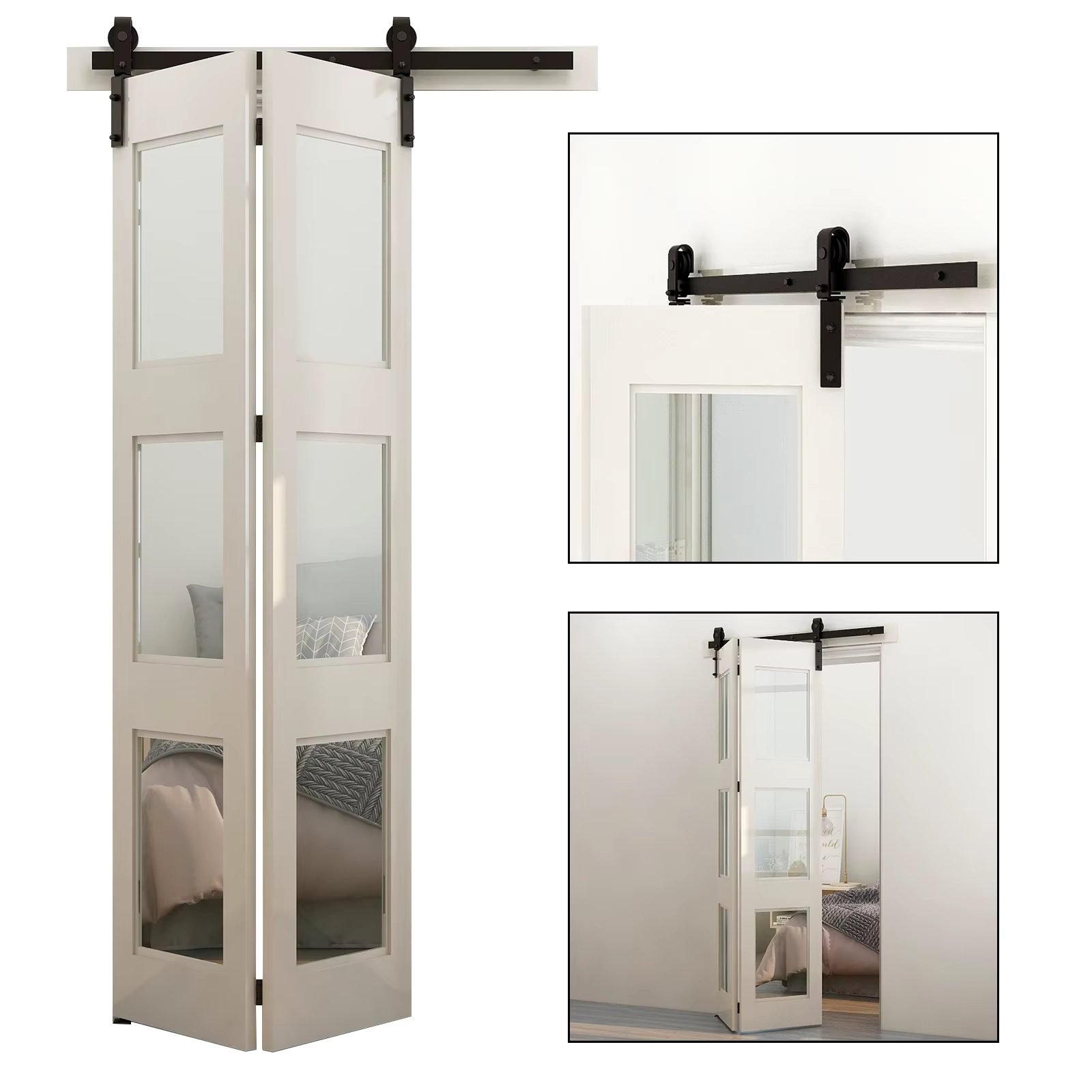 CCJH Bi-Folding Sliding Barn Door Hardware Kit Heavy Duty Roller Track Kit for 2 Doors Smoothly Quietly Easy to Install No Door