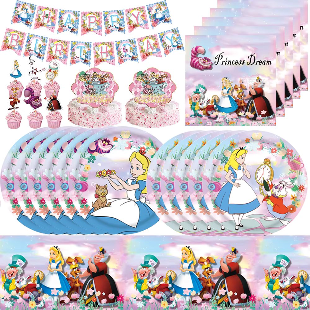 Disney Alice in Wonderland Party Supplies Balloons Cup Plates Napkins Tableware For Kids Baby Shower Birthday Party Decoration
