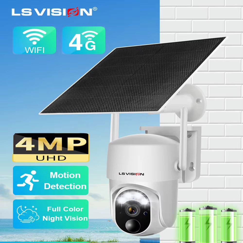LS VISION 2K Solar Wireless Security Camera Outdoor 4MP SIM Solar Security Cameras Wireless Outdoor Wi-Fi/4G Cam, 360° PTZ