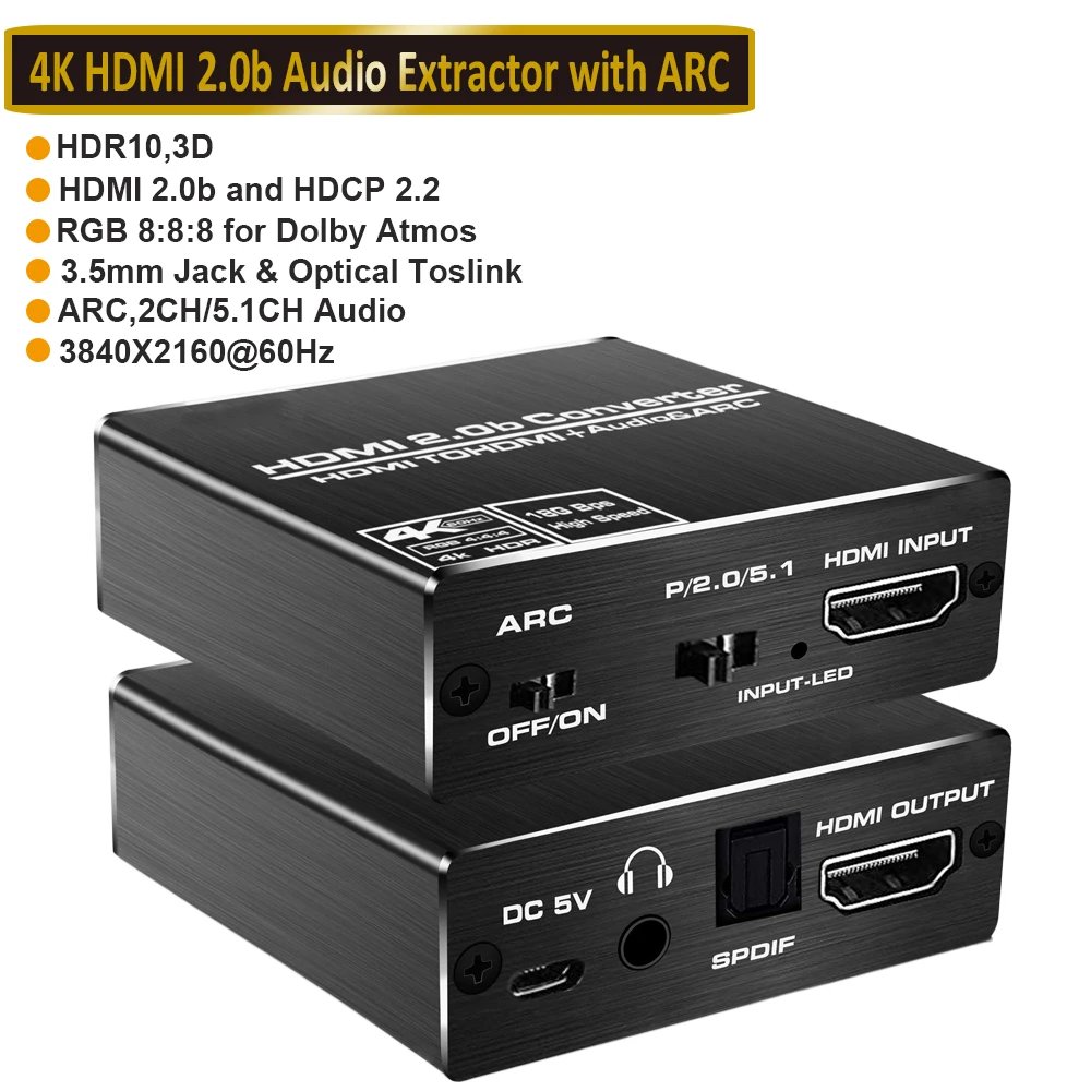 2023 Best HDMI 2.0 Audio Extractor Support 4K 120Hz YUV 4:4:4 HDR HDMI Audio Converter Adapter 4K HDMI to Optical TOSLINK SPDIF