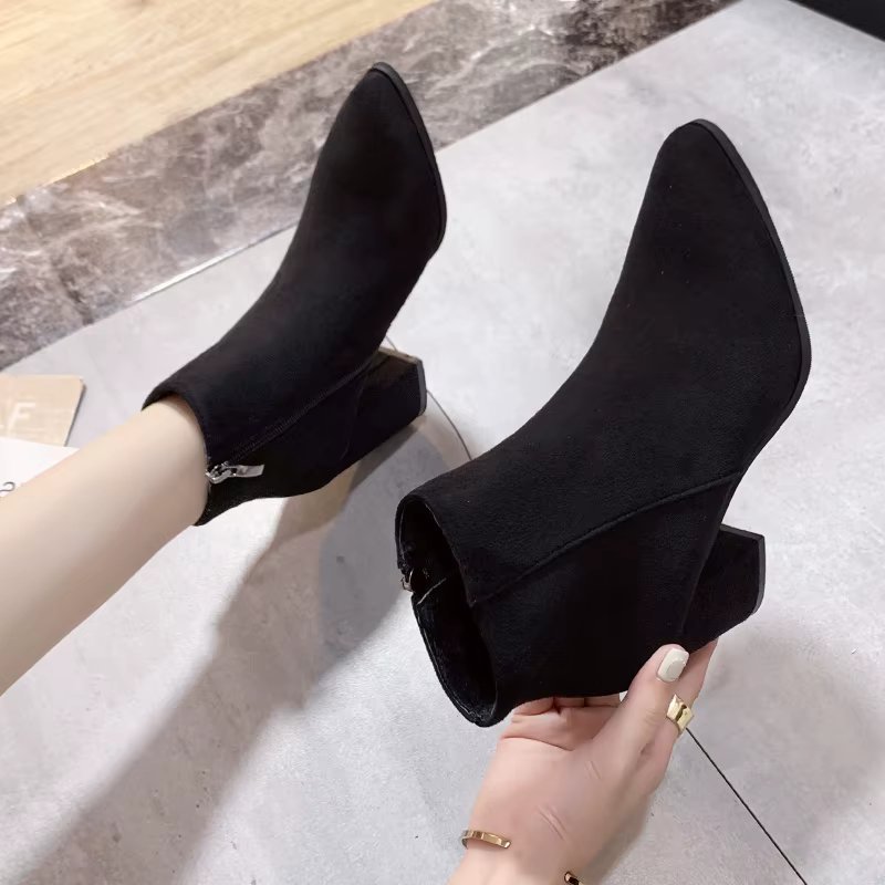 2022 Fashion Short Boots Women's Pointed Toe Thick Heel Autumn and Winter New Thin Side Zipper Comfortable Bare Boots Women