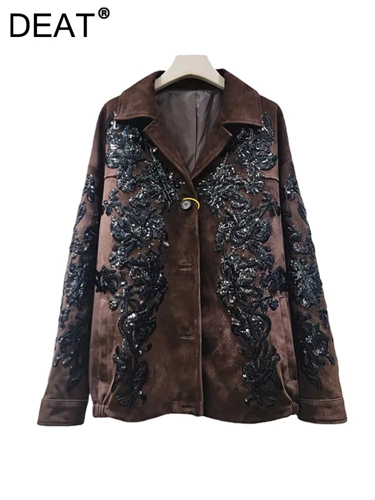DEAT Women's Blazer Notched Collar Embroidery Sequins Brown Faux Suede Vintage Suit Jackets 2025 New Fashion Spring 29L8452