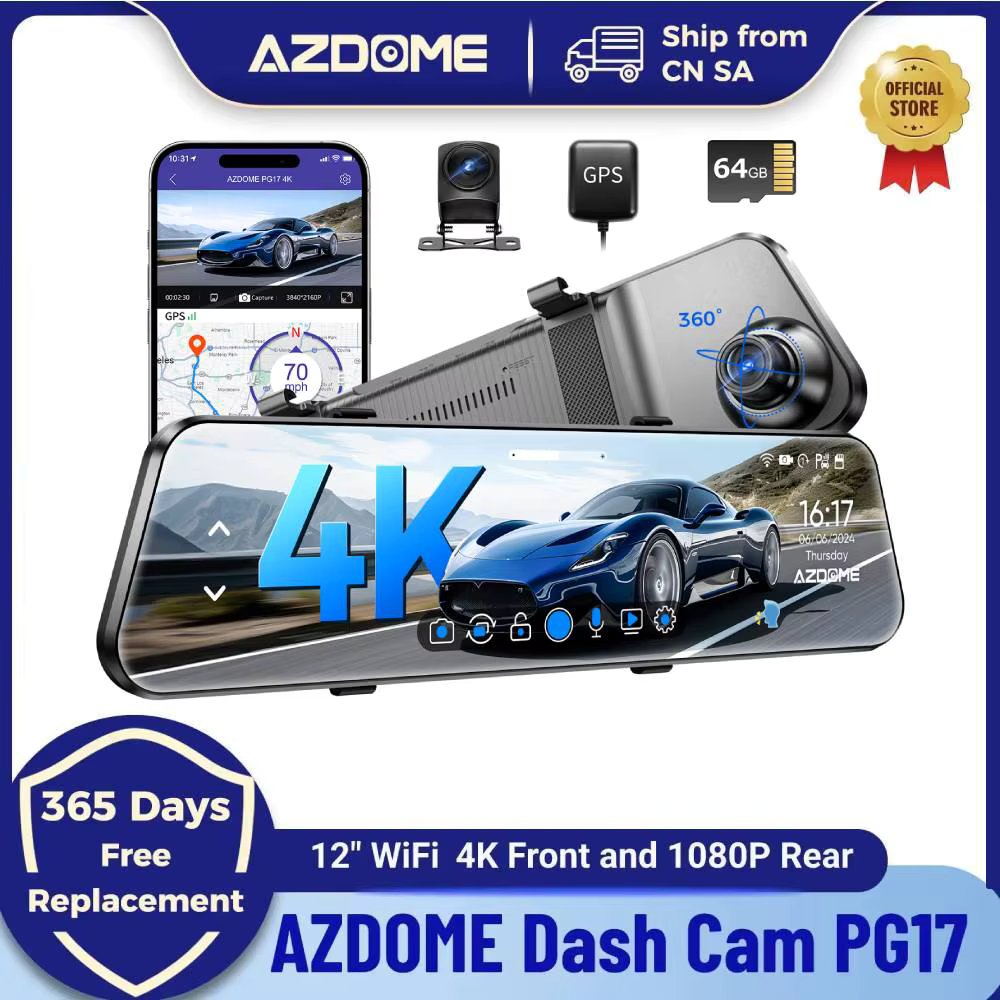 AZDOME PG17 12" WiFi Mirror Dash Cam 4K Front and 1080P Rear View Mirror Camera for Cars Dual Camera Waterproof Backup Camera