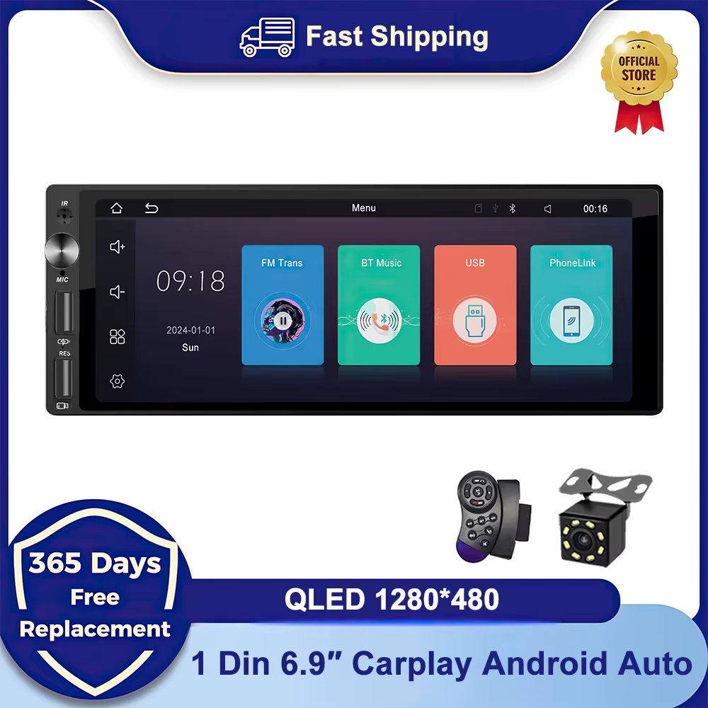 Universal 6.9" Qled 1din Android Auto Wireless Carplay Car Radio Multimedia Stereo MP5 Player Bluetooth USB FM Camera For Apple