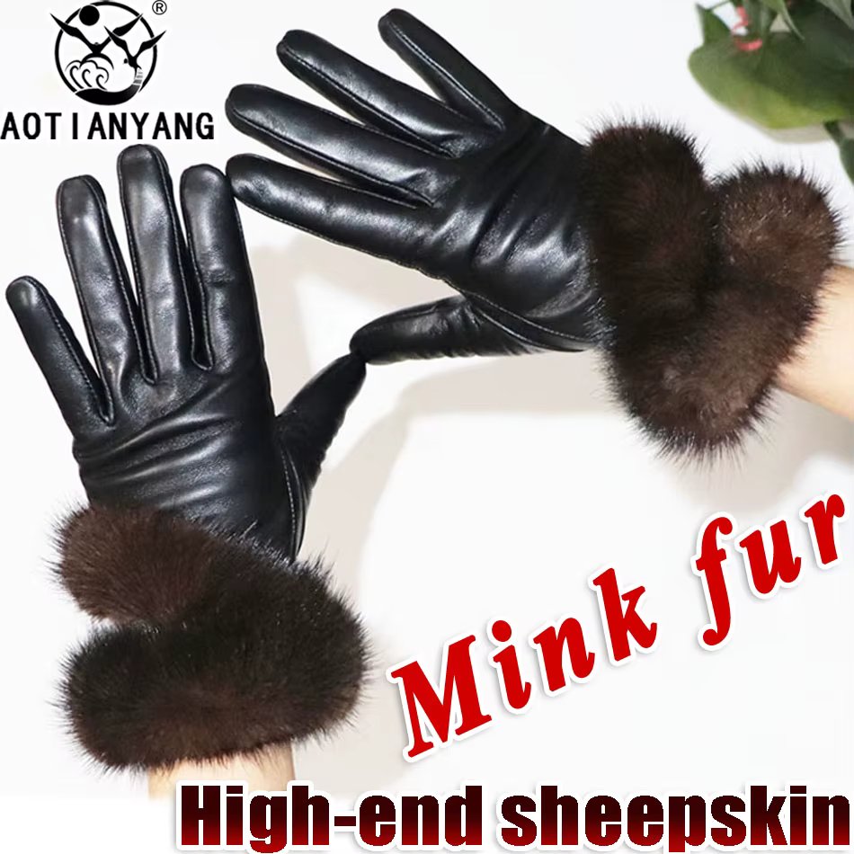 High-end sheepskin mink otter rabbit fur leather gloves winter warm real fur touch screen thin and thick leather gloves new 2024