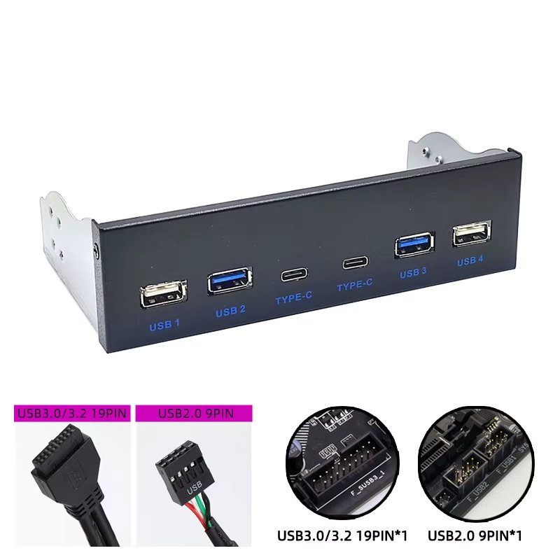 USB 3.0 Front Panel for Desktop 5.25" CD-ROM Drive Bay USB3.0/3.2 19Pin USB2.0 9Pin to 2x USB Type C + 2x USB3.0 + 2x USB2.0 HUB
