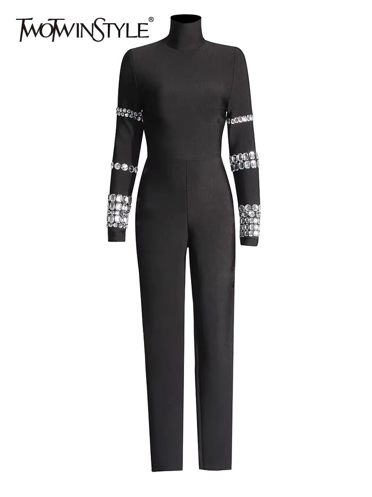 TWOTWINSTYLE Patchwork Diamonds Slimming Jumpsuit For Women Turtleneck Long Sleeve High Waist Chic Jumpsuits Female Fashion New