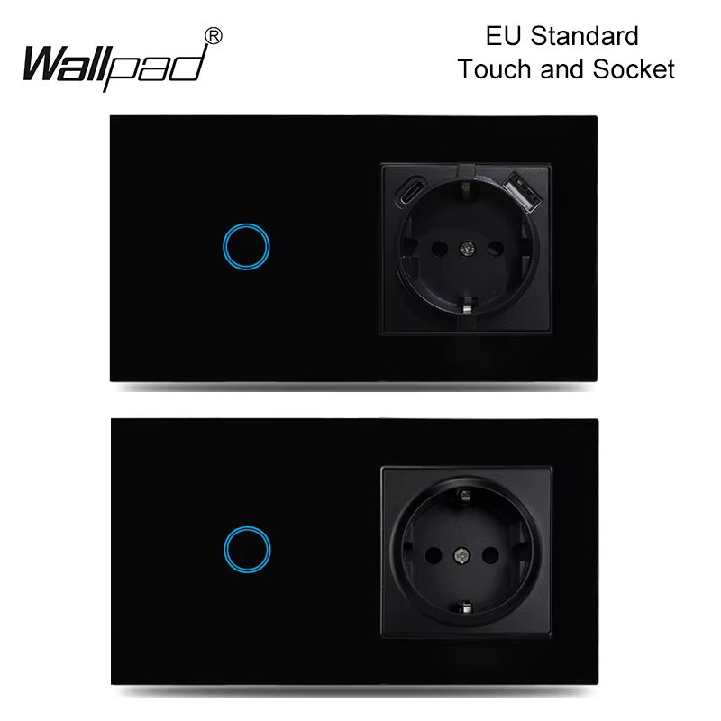 EU 1 Gang Touch Switch And Wall Power Socket with USB Type-C Charging Ports Wallpad 157x86mm Black Glass Panel Smart Home